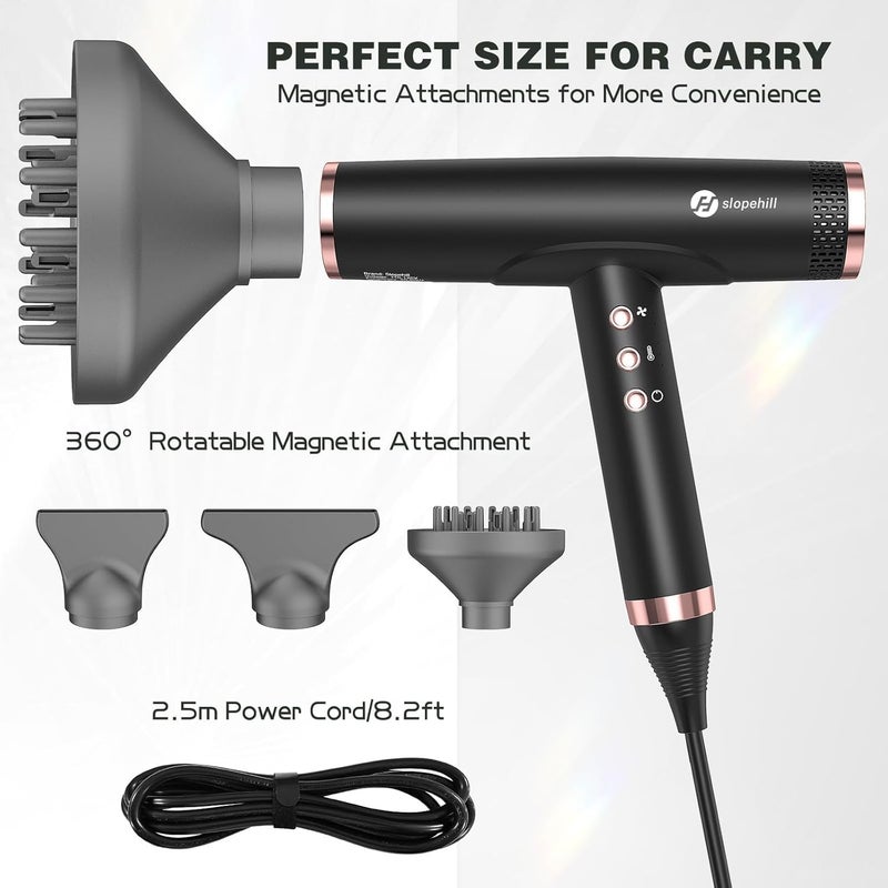 SLOPEHILL Professional Ionic Hair Dryer with Diffuser - Lightweight, Compact, Powerful & Fast Salon Blow Dryer with High Speed Brushless Motor for Travel, Women & Men (Ceramic, Black) - Image 5